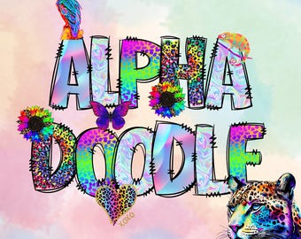 Neon 90's Nostalgia Doodle Monogram, Leopard Rainbow Vibrant Bright Summer Sublimation Alpha Set, retro Nineties Babies, Commercial Use PNG
