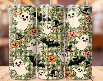 Cute Ghost Halloween Tumbler Wrap, Retro Pastel Halloween 20oz Skinny Tumbler PNG, Gingham Ghost Pumpkin Sublimation Design, Spooky Download