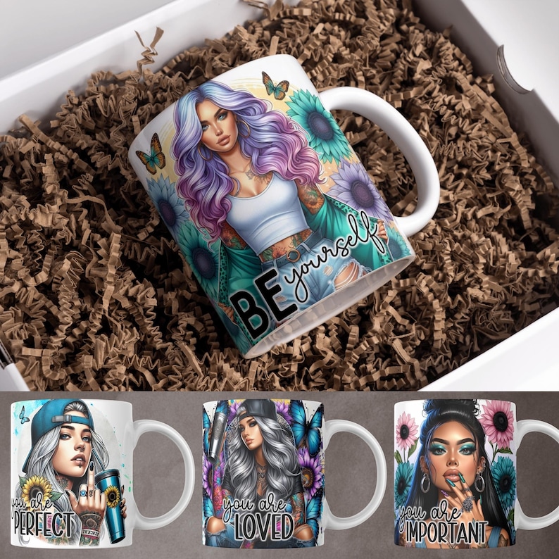 May include: Three white ceramic mugs with colorful illustrations of women and butterflies. The mugs have text that reads "You are perfect", "You are loved", and "You are important".