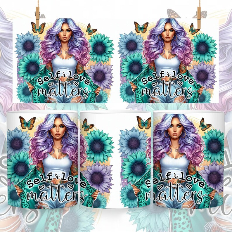 May include: A white mug with a colorful design featuring a woman with purple and pink hair, butterflies, and sunflowers. The text "Self Love Matters" is written in a bold, colorful font.