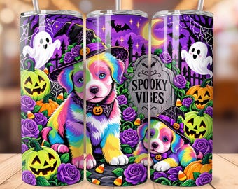 Halloween Puppy Tumbler Wrap PNG, Spooky Vibes Colorful Dog 20oz Skinny Tumbler Design, Cute Witch Puppy Sublimation, Halloween Download