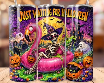 Just Waiting for Halloween Tumbler Wrap PNG, Funny Skeleton Flamingo 20oz Skinny Tumbler Sublimation, Spooky Season Halloween Design