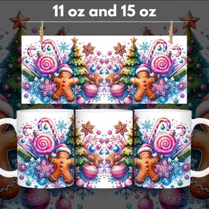 Może przedstawiać: Biały kubek ceramiczny z świątecznym wzorem przedstawiającym piernikowe ludziki, laski cukrowe, ozdoby i płatki śniegu. Wzór jest lustrzanym odbiciem po obu stronach kubka. Kubek jest dostępny w rozmiarach 11 oz i 15 oz.
