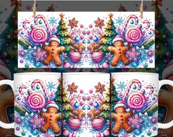 Gingerbread Christmas Mug Design, 11oz and 15oz Coffee Mug Wrap, Gingerbread Man and Donuts Mug Wrap, Sublimation Design PNG Download