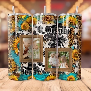 May include: Three stainless steel tumblers with lids and straws. The tumblers feature a Western theme with a cowhide pattern, sunflowers, and framed photos. The text "WESTERN" and "HOWDY" are also visible.