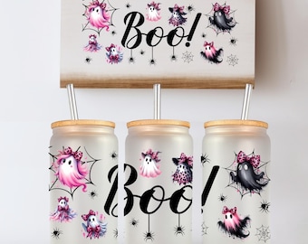 Halloween 16oz glass can sublimation design Ghost Boo Spooky pumpkin Fall vibes, Thanksgiving Glass can wrap PNG Digital download