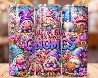 Just a Girl Who Loves Gnomes Tumbler, Cute Gnome 20oz Skinny Tumbler, Colorful Gnome Lover Gift, Garden Gnome Gift for Her