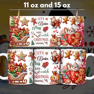 Puede incluir: Taza de cerámica blanca con un diseño navideño. La taza presenta hombres de jengibre, bastones de caramelo, un tren y un trineo. El texto en la taza dice "Let's Bake Stuff and watch Christmas movies". La taza está disponible en tamaños de 11 oz y 15 oz.