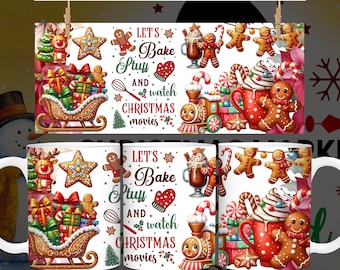 Christmas Mug Sublimation Design: Bake Stuff, Watch Movies (PNG Digital Download)