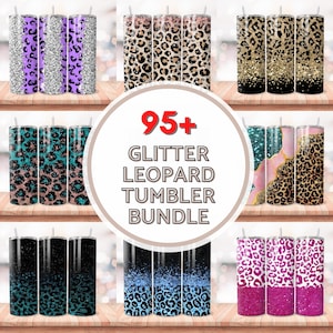 May include: A set of 95+ glitter leopard print tumblers. The tumblers are in various colors, including pink, blue, purple, and gold. The tumblers are all in a similar style, with a leopard print design and glitter accents.