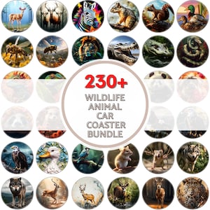 May include: A collection of car coasters featuring various wildlife illustrations. The coasters showcase animals like deer, zebras, squirrels, and bees. The image includes the text "230+ Wildlife Animal Car Coaster Bundle."