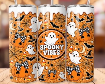 Spooky Vibes Halloween Tumbler Wrap PNG, Cute Ghost Pumpkin 20oz Skinny Tumbler Design, Orange Glitter Halloween Sublimation
