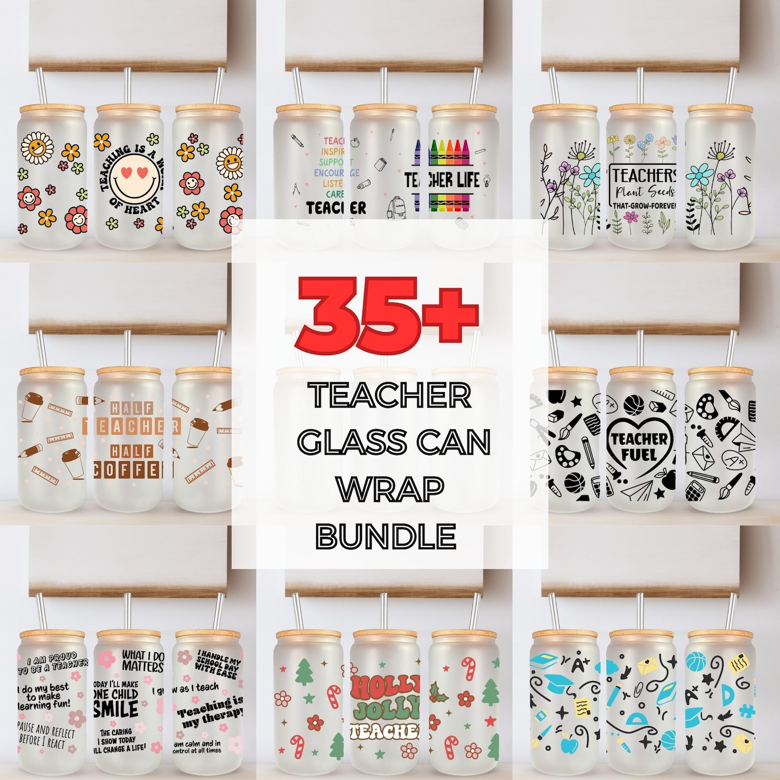35+ Teacher Libbey Glass Can PNG Bundle, 16oz Teacher Glass Can Wrap ...