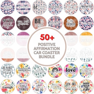 Puede incluir: Un conjunto de más de 50 posavasos para coche coloridos con afirmaciones positivas. Los posavasos presentan una variedad de diseños florales y abstractos con mensajes inspiradores como "Sé tú mismo", "Eres suficiente" y "La amabilidad importa".