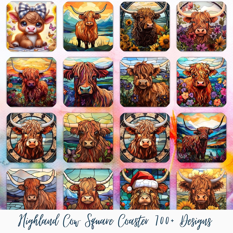 May include: A collection of square coasters featuring Highland cow designs. The coasters showcase various artistic styles, including watercolor and stained glass effects, with images of the cows in different settings, such as fields of flowers and landscapes. The text "Highland Cow Square Coaster 100+ Designs" is at the bottom.