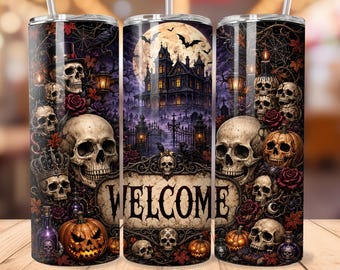 Gothic Halloween Tumbler Wrap, Skull Haunted House 20oz Skinny Tumbler PNG, Spooky Pumpkin Sublimation Design, Digital Download