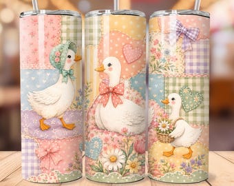 Pastel Goose Tumbler Wrap, Cottagecore Patchwork Floral Duck Design, 20oz Skinny Sublimation PNG Digital Download