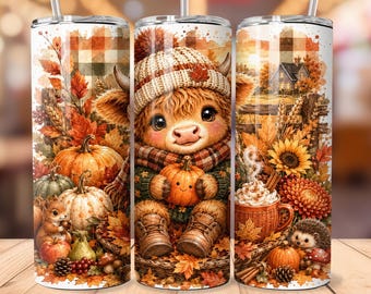 Cute Highland Cow Fall Tumbler Wrap, Autumn Pumpkin 20oz Skinny Tumbler, Cozy Highland Cow Sublimation Design, Fall Tumbler PNG