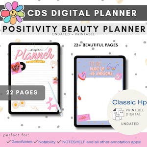May include: A digital planner with a pink and white cover featuring the text "super planner for big goals". The planner is designed for use with digital note-taking apps like GoodNotes, Notability, and Noteshelf. The planner has 22 pages and is undated.