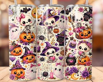 Cute Skeleton Halloween Tumbler, Kawaii Spooky 20oz Skinny Tumbler, Pink Purple Ghost & Pumpkin Tumbler, Girly Halloween Gift