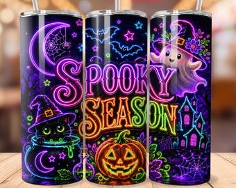 Neon Halloween Tumbler Wrap, Spooky Season 20oz Skinny Tumbler PNG, Ghost Witch Black Cat Pumpkin Sublimation Design, Digital Download