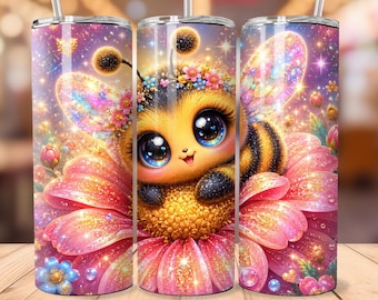 かわいいミツバチのタンブラーラップ PNG | カワイイミツバチの妖精 20オンス スリムタンブラー昇華プリント | 花柄グリッターミツバチカップラップ | 春夏ダウンロード