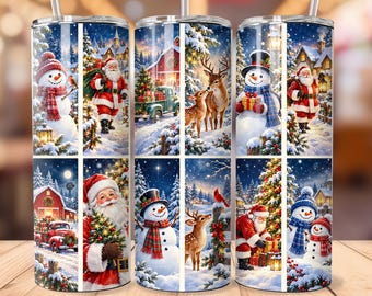Vintage Christmas Tumbler Wrap PNG, Santa Claus Snowman Reindeer 20oz Skinny Tumbler Design, Christmas Patchwork Sublimation, Download