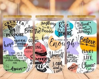 Tasse de positivité png, emballage de boîte de conserve en verre de 16 oz, rappels quotidiens bohèmes affirmations motivation inspirant, amour de soi, citations positives