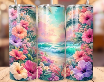 ハイビスカスビーチタンブラーラップ | トロピカルフローラル20オンススキニータンブラーPNG | 海辺の夏の昇華プリントデザイン | 即時ダウンロード
