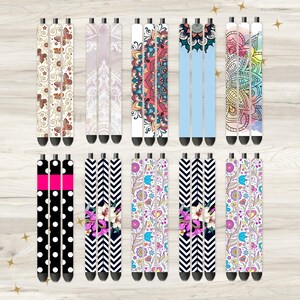 May include: Set of 12 colorful patterned pen sleeves. The sleeves feature a variety of designs, including floral, geometric, and abstract patterns. The sleeves are made of a durable material and are easy to apply and remove.