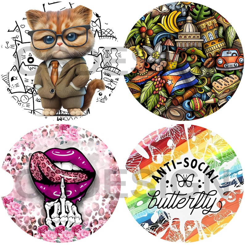 K&ouml;nnte beinhalten: Set aus vier runden Untersetzern mit verschiedenen Designs. Ein Untersetzer zeigt eine Comic-Katze mit Brille und Krawatte. Ein anderer Untersetzer hat ein farbenfrohes Design mit einer kubanischen Flagge. Der dritte Untersetzer hat einen rosa-wei&szlig;en Leopardenmuster-Hintergrund mit einem rosa Mund und einer herausgestreckten Zunge. Der vierte Untersetzer hat einen Regenbogen-Hintergrund mit dem Text "Anti-Social Butterfly" in Wei&szlig;.