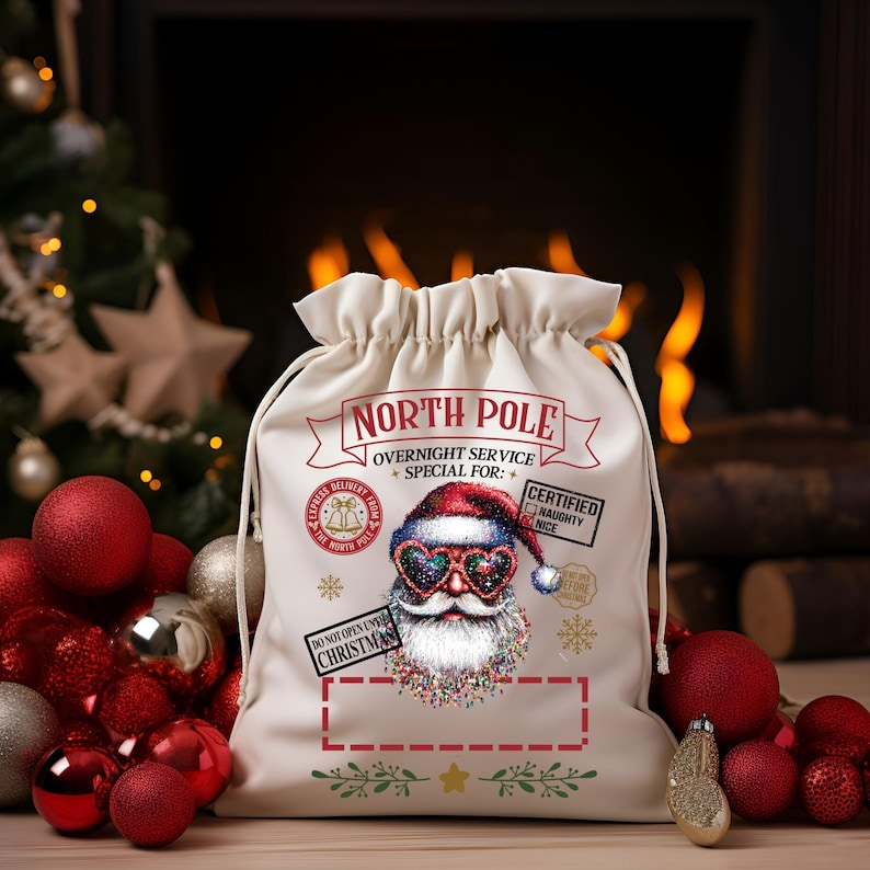 Puede incluir: Un saco de Santa de lona blanca con una ilustraci&oacute;n de Santa Claus rojo y blanco con gafas de sol. El saco tiene el texto "North Pole Overnight Service Special For:" y "Certified Naughty Nice" impreso en &eacute;l.