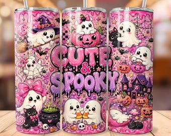 Pink Halloween Tumbler, Cute & Spooky Ghost 20oz Skinny Tumbler, Kawaii Halloween Tumbler, Girly Spooky Season Gift