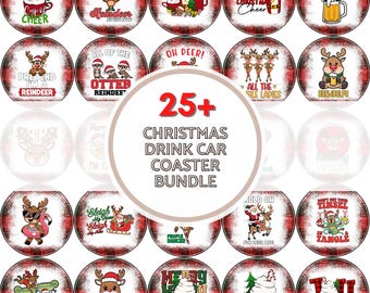 May include: A collection of over 25 Christmas drink car coasters. Each coaster has a unique design with festive images of reindeer, holiday treats, and humorous phrases like "Oh Deer!" and "Let's Get Lit". The coasters have a red and black plaid border.
