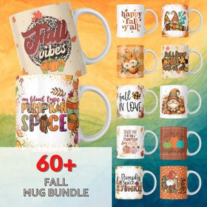 Puede incluir: Una colección de más de 60 tazas con temática otoñal con varios diseños. Las tazas presentan colores otoñales, calabazas, gnomos y texto con temática otoñal como "Fall Vibes", "My blood type is pumpkin spice" y "Fall in love".