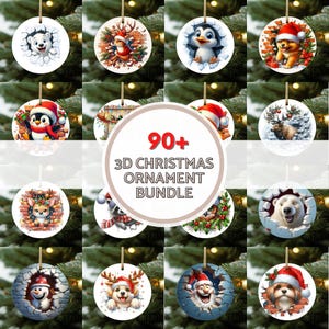 May include: A collection of 90+ 3D Christmas ornaments featuring various holiday themes. The ornaments are round and have a variety of designs, including Santa Claus, reindeer, snowmen, penguins, and Christmas trees. The ornaments are all decorated with festive colors and patterns.