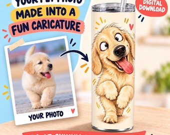 Custom Pet Caricature Tumbler Wrap, Personalized Dog Portrait 20oz Skinny Tumbler PNG, Photo to Cartoon Sublimation Design