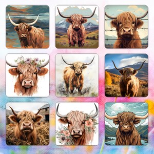 May include: Nine square images featuring watercolor illustrations of Highland cattle. Each image showcases a different artistic style, with variations in background and detail. The cattle are depicted with their characteristic long horns and shaggy coats, in shades of brown and tan.