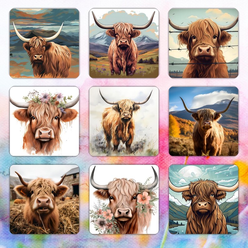 May include: Nine square images featuring watercolor illustrations of Highland cattle. Each image showcases a different artistic style, with variations in background and detail. The cattle are depicted with their characteristic long horns and shaggy coats, in shades of brown and tan.