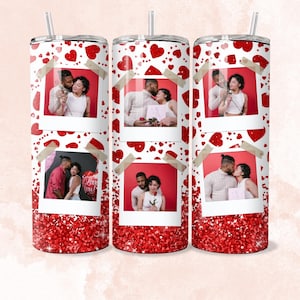 Valentine tumbler wrap, Photo Red Glitter Hearts Tumbler, Love Valentines Day 20oz Skinny Tumbler Tapered, Straight Sublimation Wrap