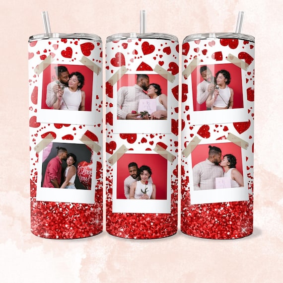 Valentine tumbler wrap, Photo Red Glitter Hearts Tumbler, Love Valentines Day 20oz Skinny Tumbler Tapered, Straight Sublimation Wrap