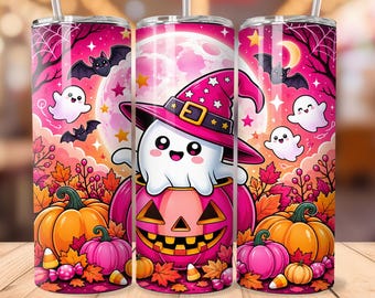 Pink Halloween Tumbler Wrap PNG, Cute Witch Ghost 20oz Skinny Tumbler, Pink Pumpkin Sublimation Design, Spooky Cute Ghost Wrap