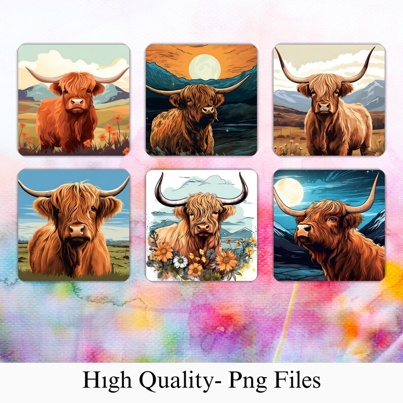 May include: A collection of six square images featuring illustrations of Highland cows. Each image showcases a different cow with long horns, set against various landscape backgrounds with flowers and a full moon. The text "High Quality- Png Files" is at the bottom.