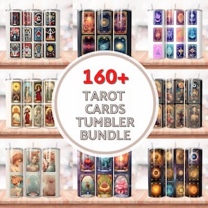 May include: A set of 160+ tarot card designs for tumblers. The designs feature various tarot cards with colorful illustrations and gold accents. The designs are perfect for creating unique and personalized tumblers.