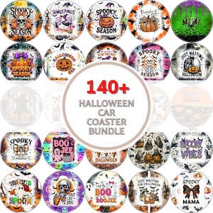 May include: A collection of Halloween-themed car coasters. The coasters feature various spooky designs, including pumpkins, skulls, ghosts, and the text "Spooky Season". The bundle includes over 140 coasters.