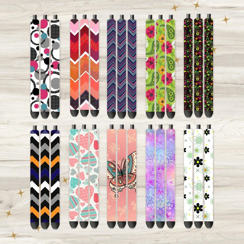 May include: Set of 12 colorful patterned pen sleeves. The sleeves are made of a durable material and feature a variety of designs, including geometric patterns, floral prints, and abstract designs.