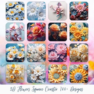 Puede incluir: Un collage de 12 posavasos cuadrados con varios diseños de flores 3D. Los posavasos están hechos de papel y presentan una variedad de colores, incluyendo blanco, amarillo, rosa, azul y verde. El texto "3D Flowers Square Coaster 100+ Designs" está en la parte inferior de la imagen.