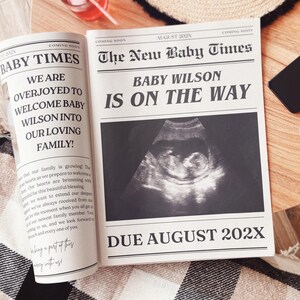 Anuncio de nuevo bebé en periódico/plantilla fotográfica para baby shower, bebé en camino, revelación de embarazo, tabloide grande personalizado, CANVA, descarga DIY
