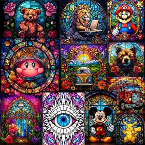 May include: A colorful stained glass mosaic with various images including a bear, a lion, a video game character, a cartoon character, a flower, a bus, a fire truck, a window, and an eye.