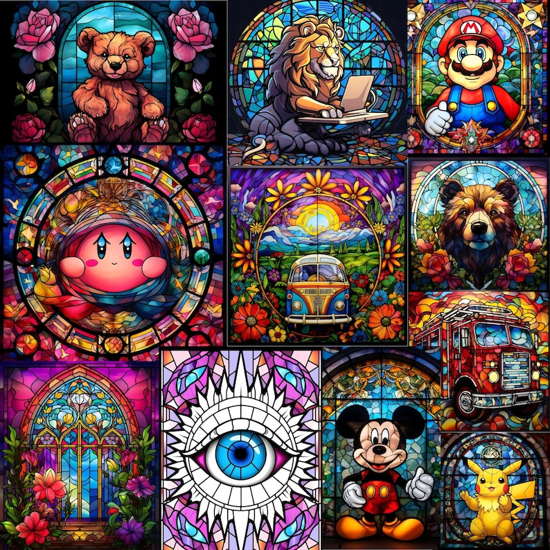 May include: A colorful stained glass mosaic with various images including a bear, a lion, a video game character, a cartoon character, a flower, a bus, a fire truck, a window, and an eye.